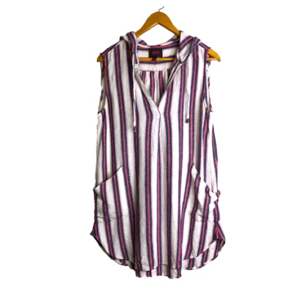 For Cynthia Coverup M Striped Blue/Red/White Pockets Hooded Boho Hippy